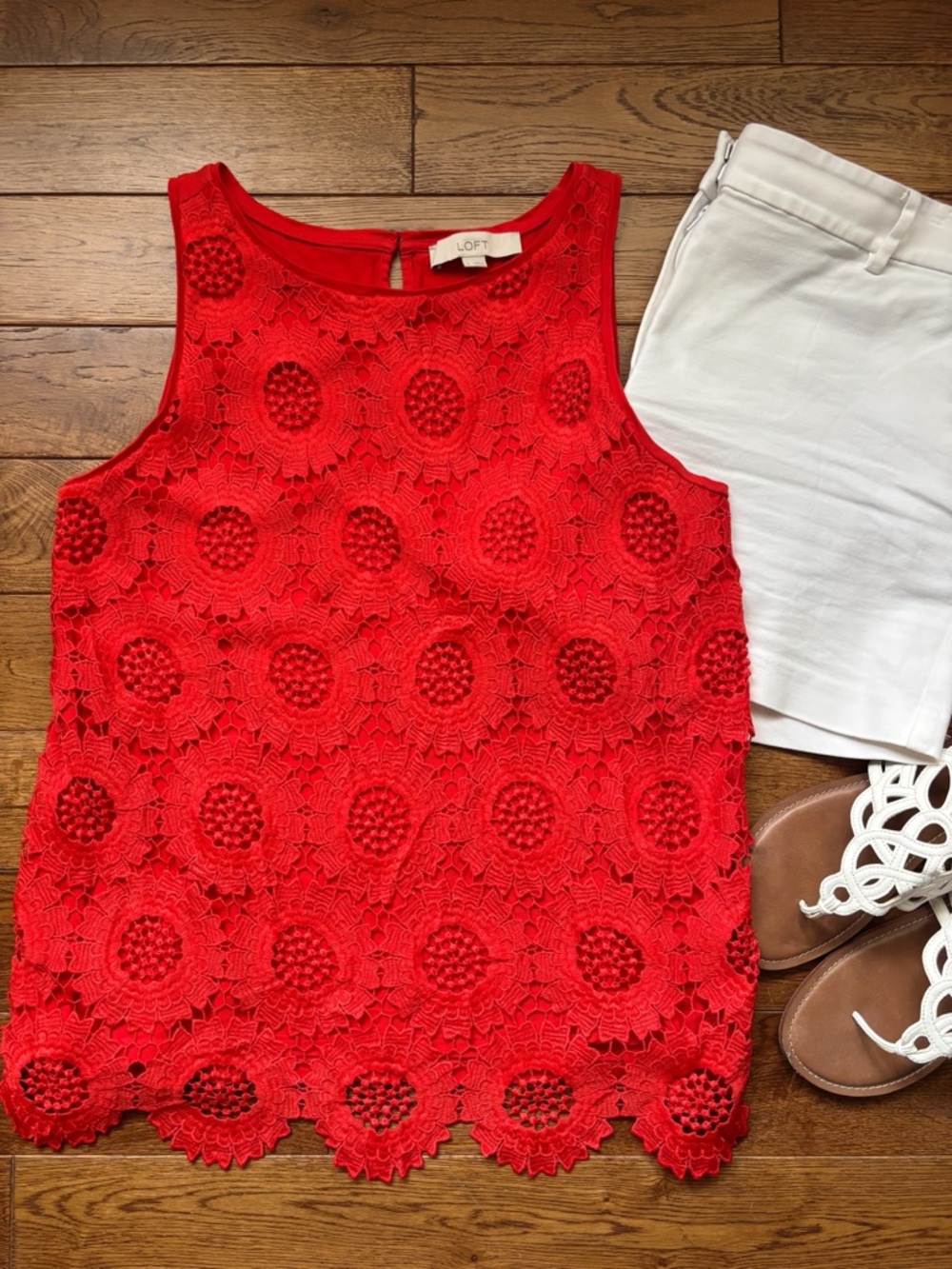 LOFT Red Eyelet Sleeveless Top